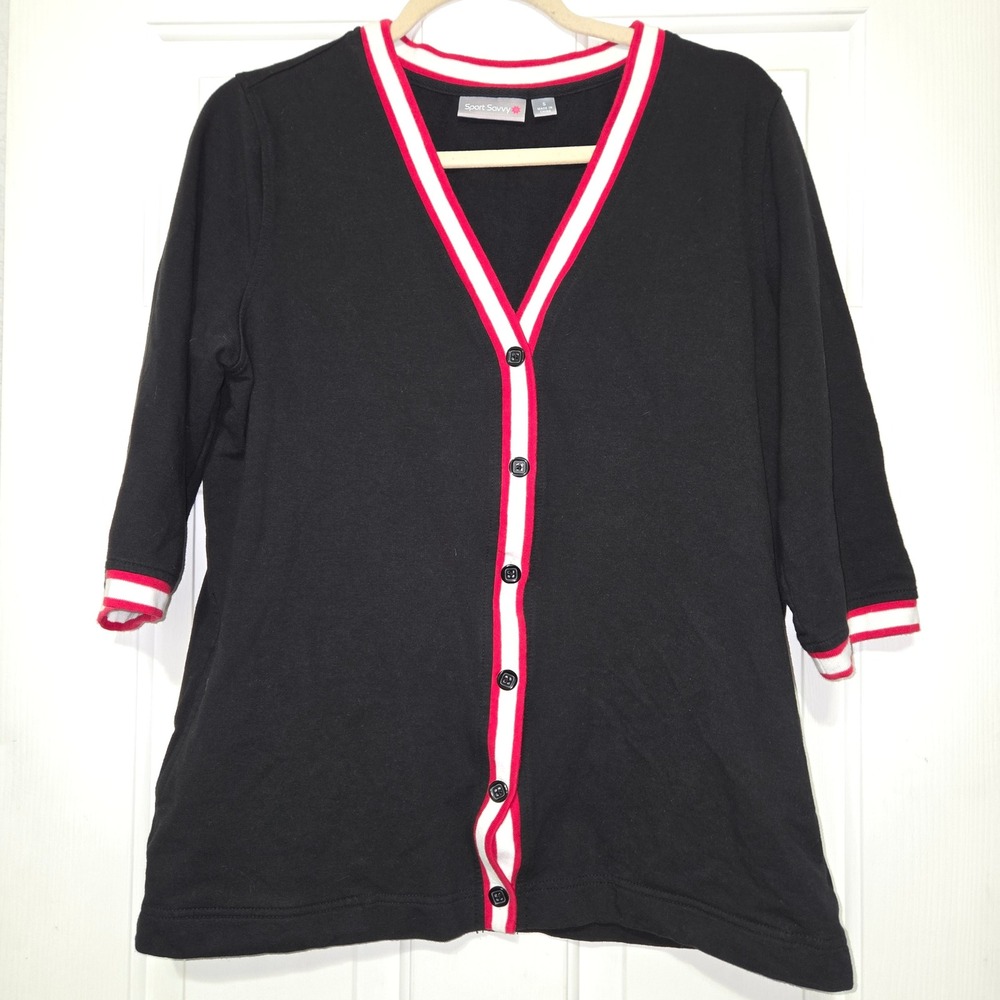 Sport Savvy Black Cardigan Top Red White Trim 3/4 Sleeve Casual